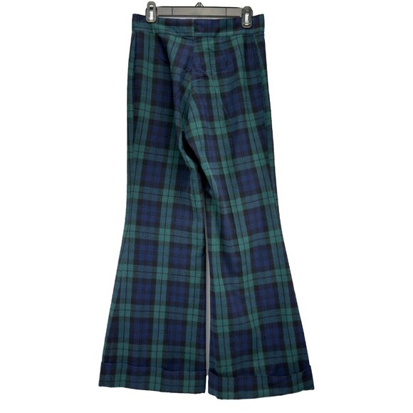 VTG Plaid Tartan Preppy Flared Cuffed Wool Blue Green Black Handmaid Pants sz 29 - Picture 3 of 6